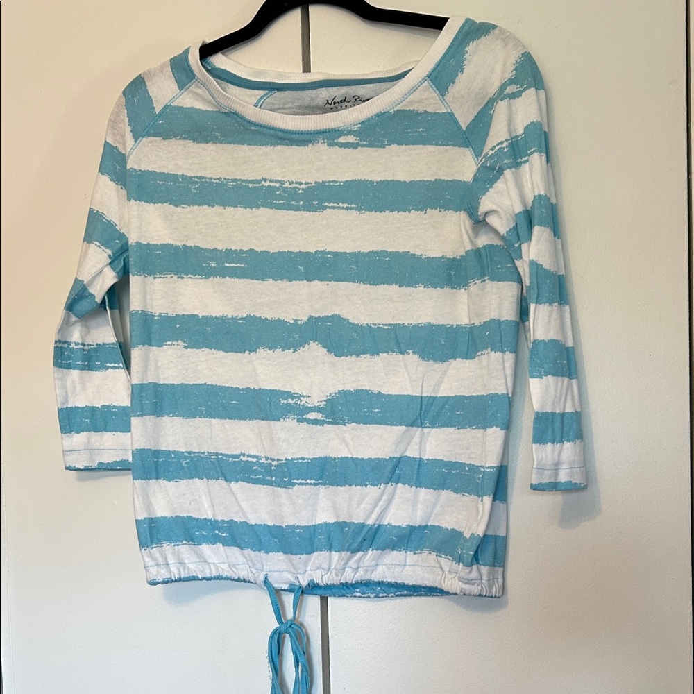 Nautica Girls Blue & White Striped Short Sleeve Tie-Hem Top